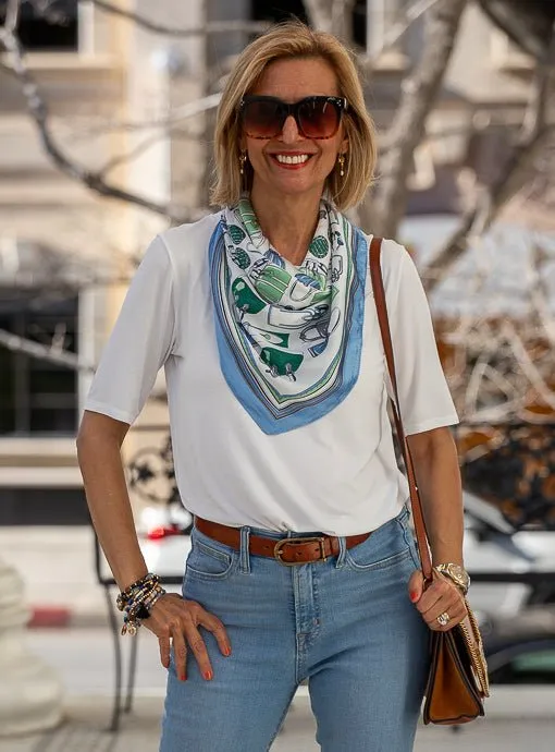 Blue Multi Luggage Conversational Print Silky Neck Scarf