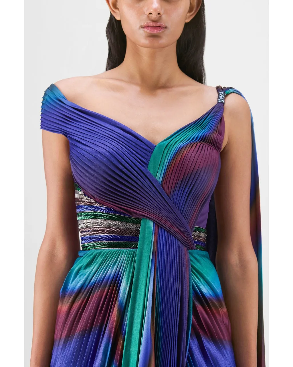 Green-Teal Watercolor Strata Sari Set