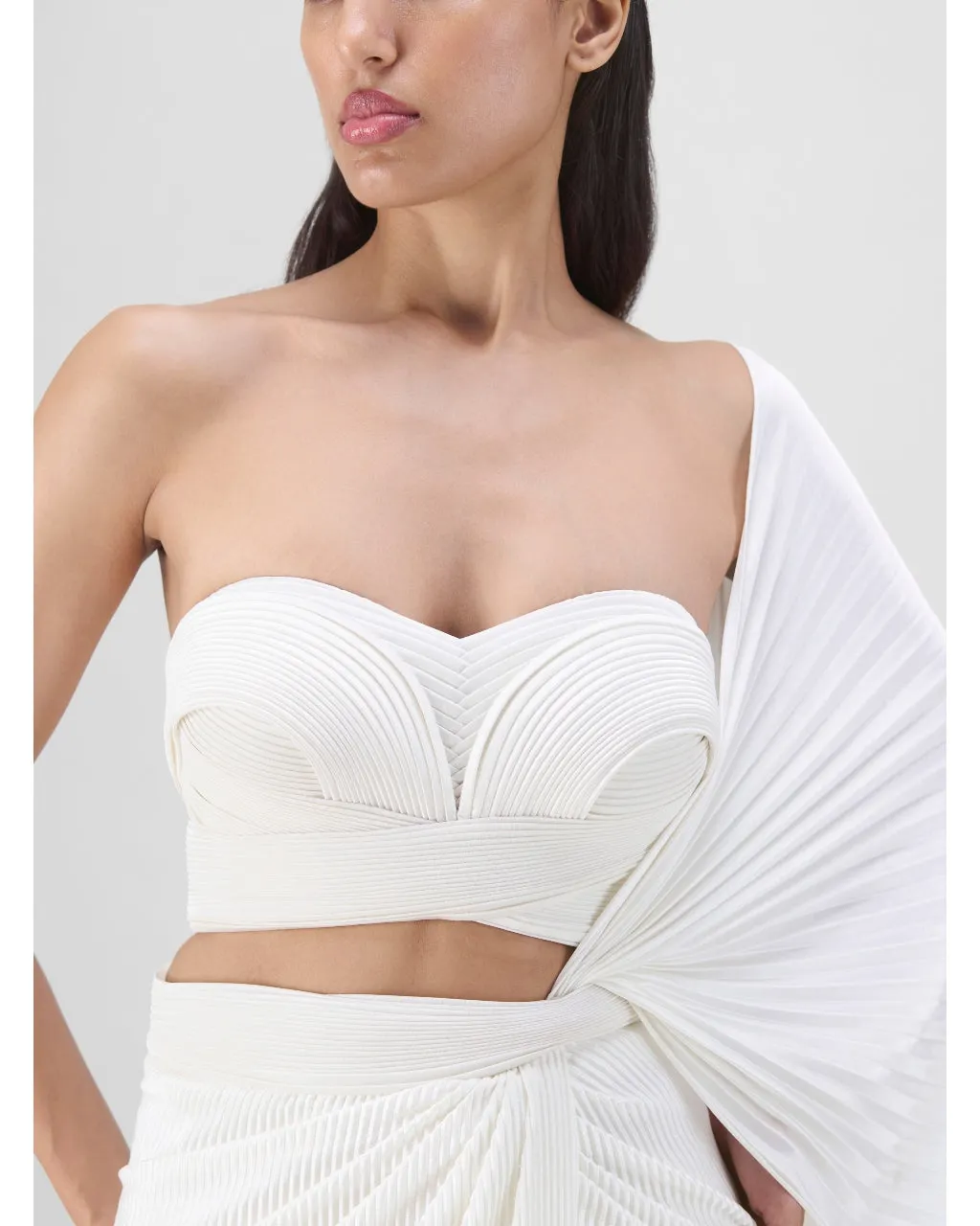 Ivory Structured Blouse With Drape Skirt Set