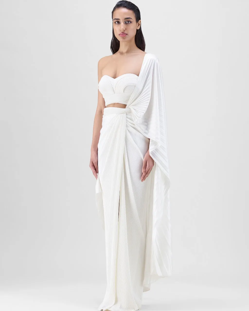 Ivory Structured Blouse With Drape Skirt Set