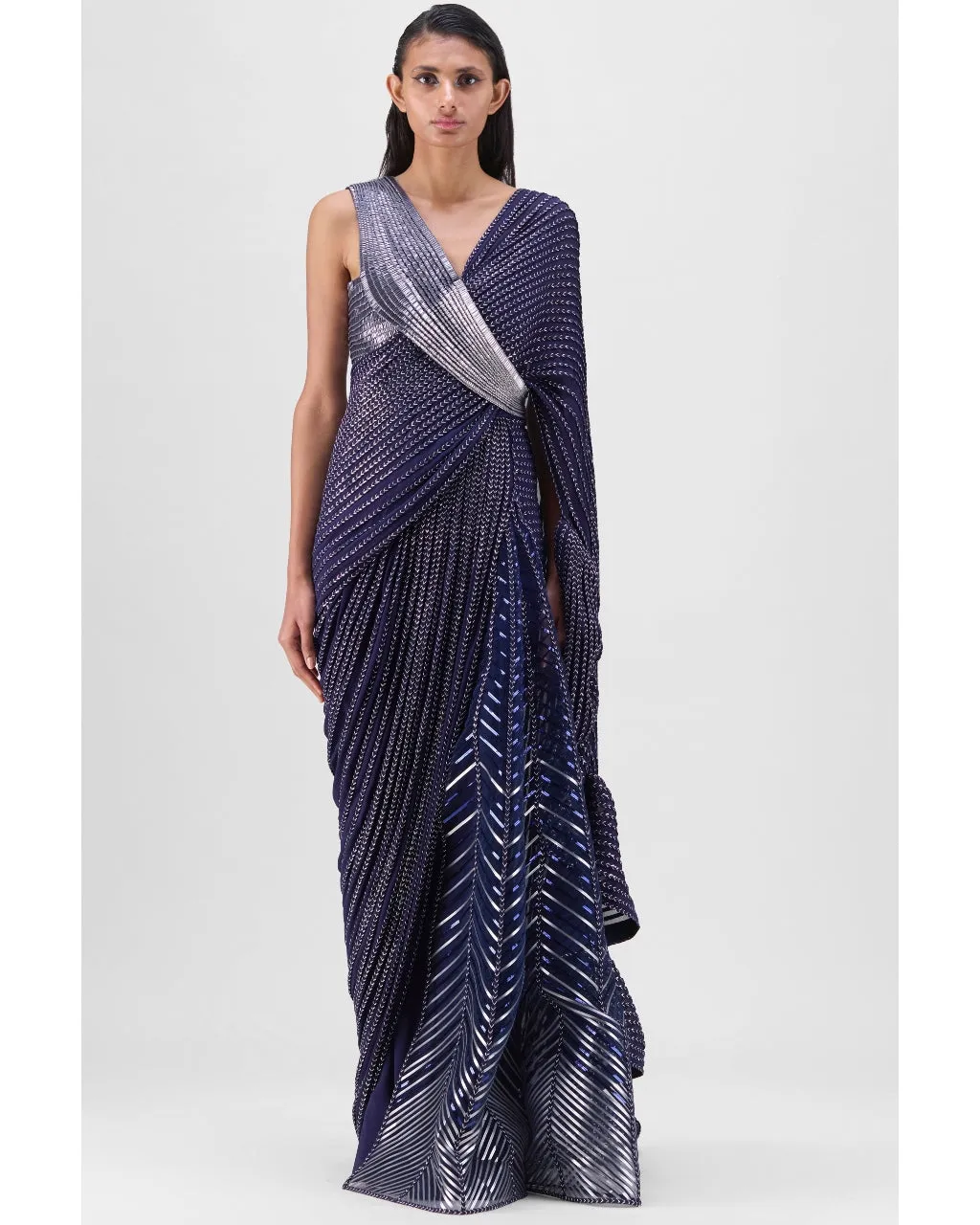Metallic Structured Gown With Ruffle Braided Drape Set