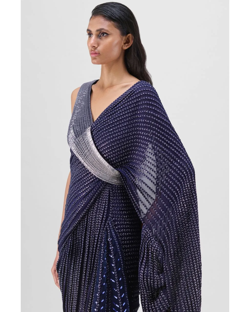 Metallic Structured Gown With Ruffle Braided Drape Set