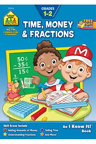 SCHOOL ZONE - Time Money & Fractions 1-2 Workbook - 32 Pages