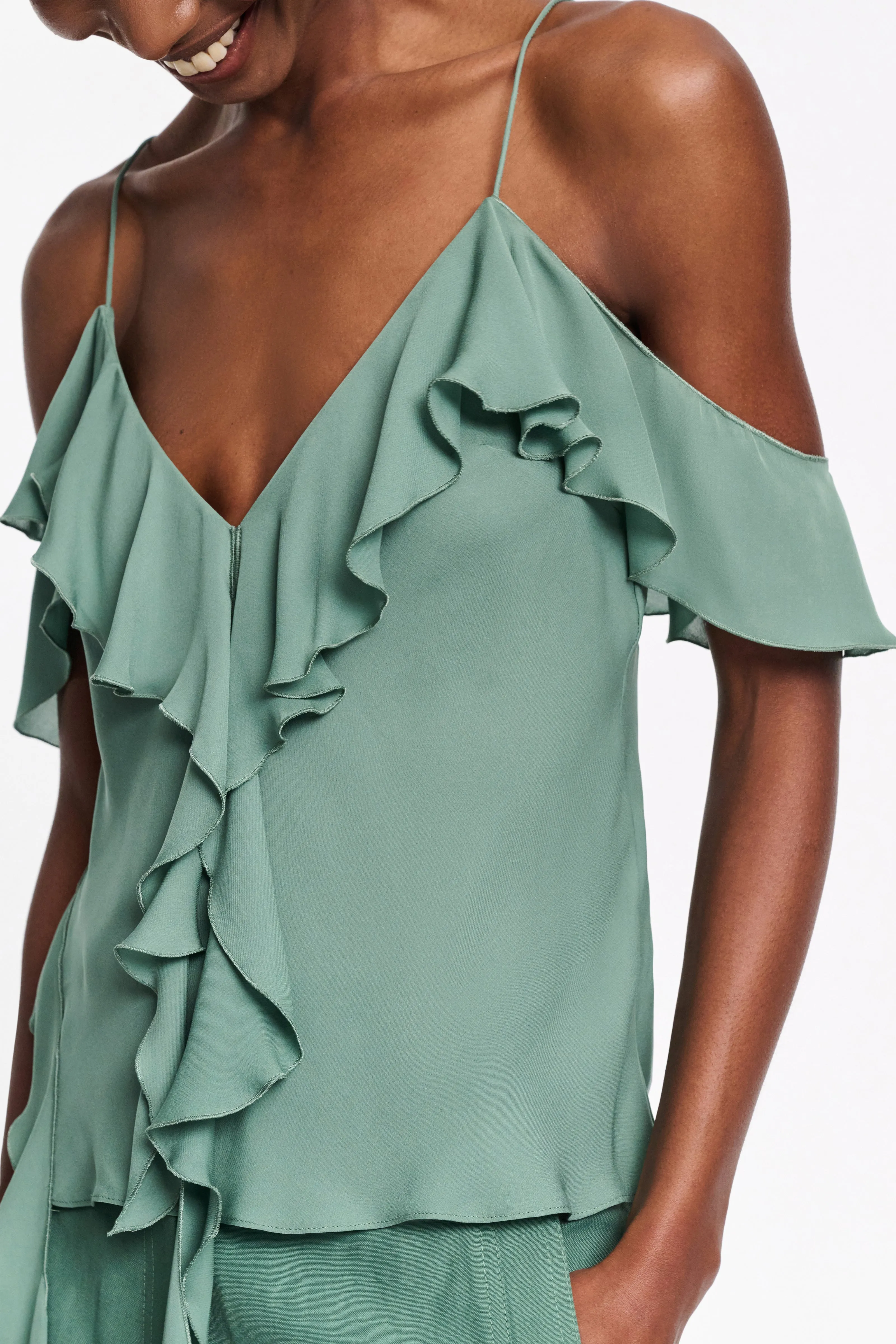 Sheer Twist Top With Ruffles